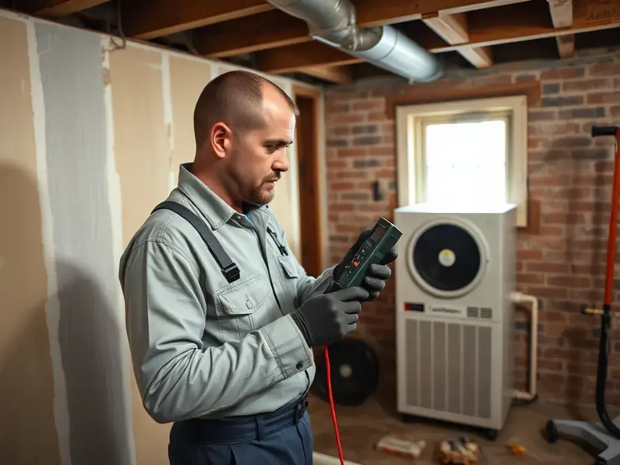 Tech taking moisture readings beside a dehumidifier in a St. Charles County basement
