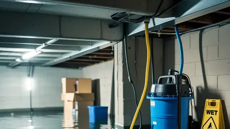 Water across an unfinished basement floor with a wet vacuum and warning sign in O'Fallon, MO