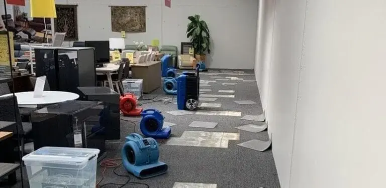 Air movers and dehumidifiers drying a commercial office floor in O'Fallon