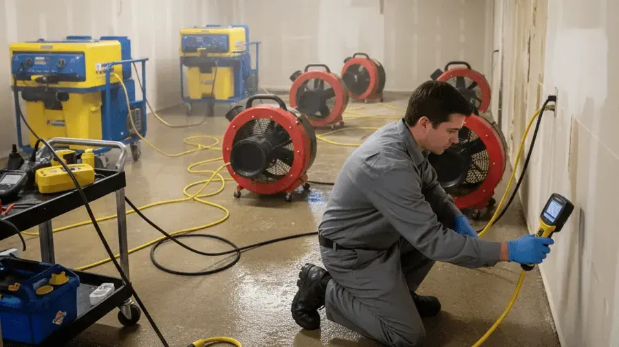 Tech taking moisture readings on a wet wall among air movers and dehumidifiers