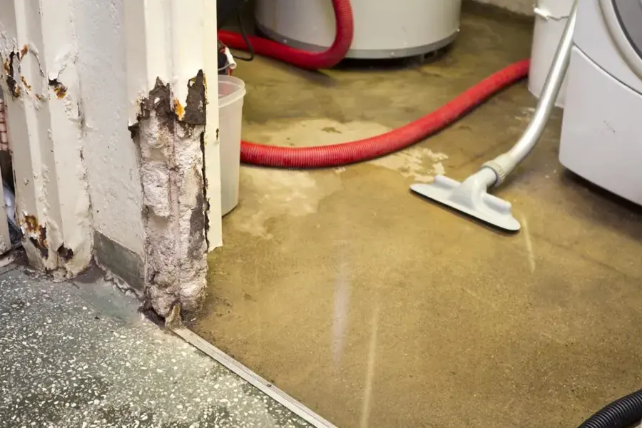 Laundry room floor under water from a washer leak, with an extraction hose in O'Fallon