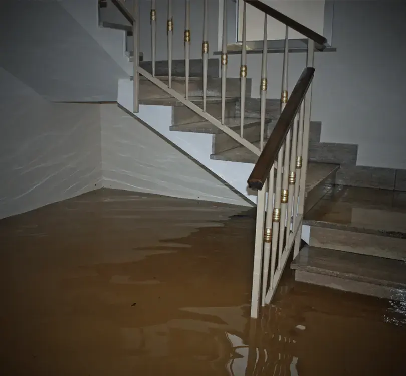 Floodwater rising up the stairs of a finished basement in O'Fallon, MO