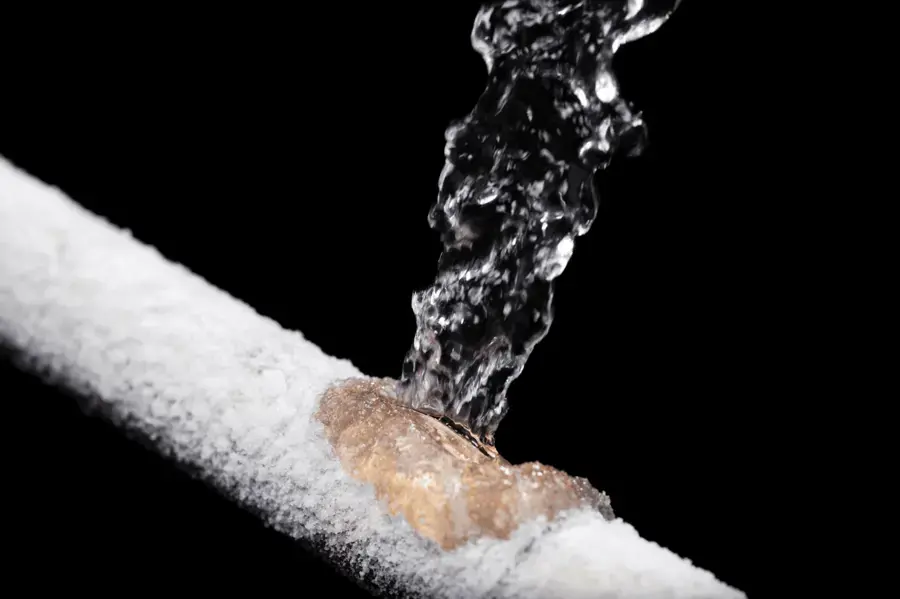 Water spraying from a split copper supply pipe after a hard freeze