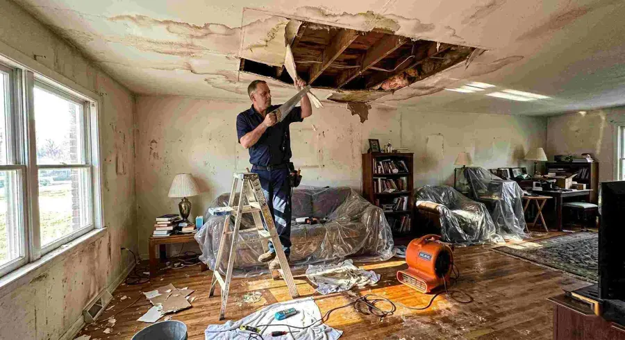Water-damaged ceiling opened up above a living room with an air mover running in O'Fallon