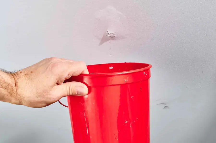 Bucket catching a roof leak dripping through a ceiling in an O'Fallon, MO home