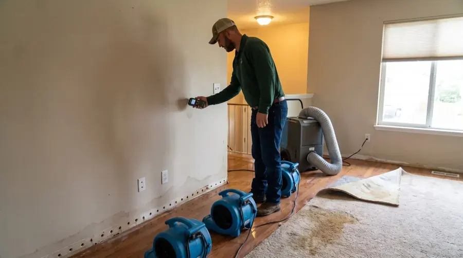 Tech checking a wall with a moisture meter beside air movers during structural drying