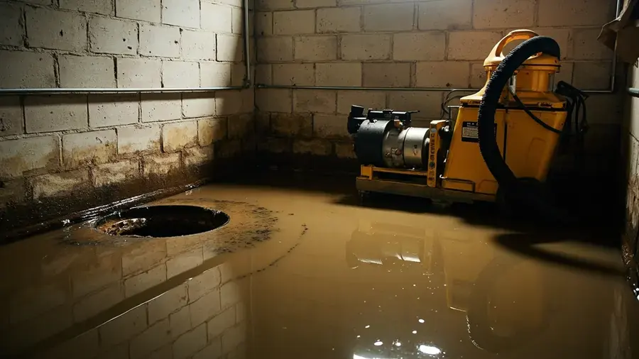 Basement flooded around an open sump pit after a pump failure in St. Charles County