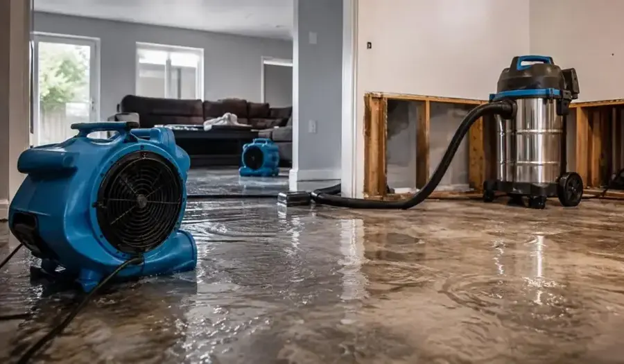 Standing water on a floor with an air mover and extraction vacuum in an O'Fallon home