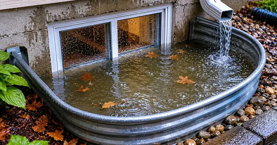 Basement window well filled with rainwater from a downspout in O'Fallon, MO